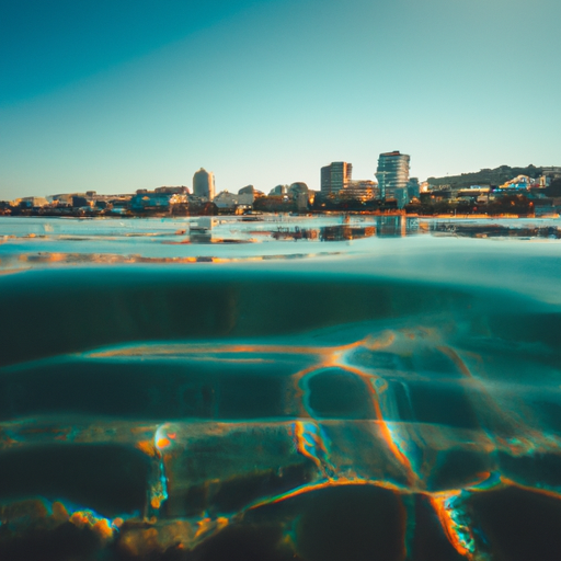 צילום של המים הצלולים של הים התיכון, ממסגר את קו הרקיע של העיר ברקע