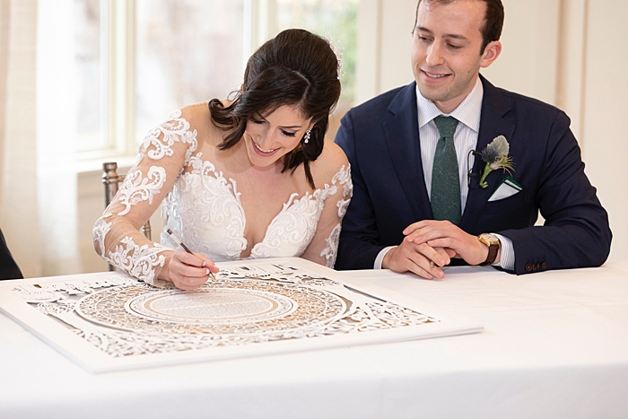 A couple engaging in the process of personalizing their Ketubah.